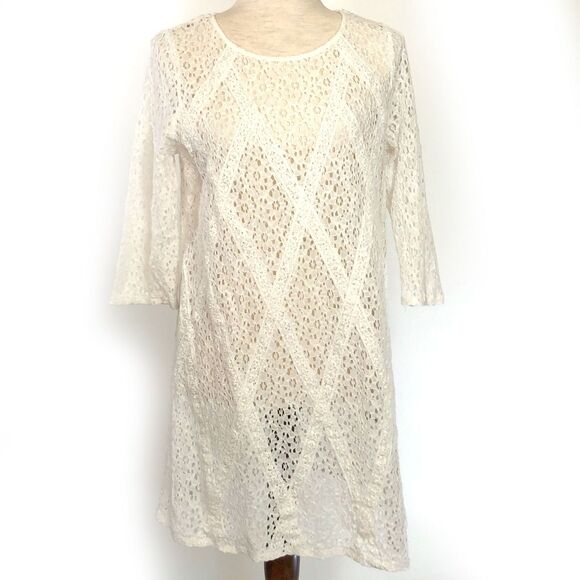 Skies Are Blue White Sheer Lace Dress MED - Picture 2 of 6